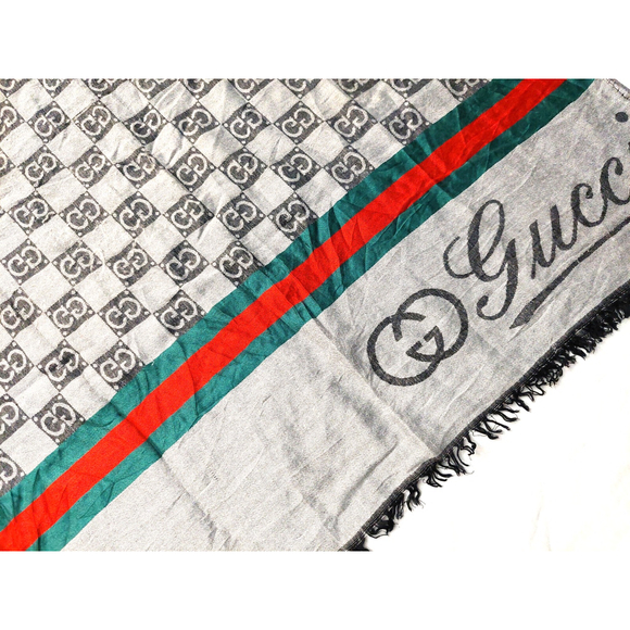 Gucci Black Gray GG Logo Print Red & Green Stripe Cashmere Silk Scarf Pre-owned - Picture 11 of 16